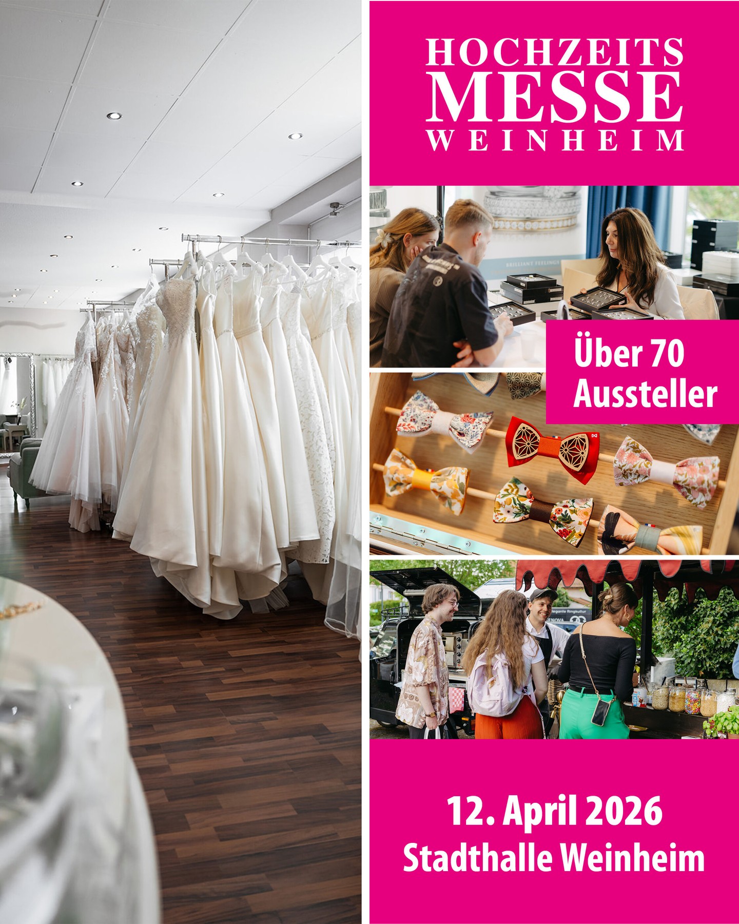 MORGEN! 
SAVE THE DATE! 12. April
EINTRITT FREI!
@hochzeitsmesse.weinheim 

Wir sind auch dieses Jahr wieder dabei! Und zwar auf der Hochzeitsmesse in Weinheim in der Stadthalle, am Sonntag den 12.04. April! Ihr bringt eure Fragen mit und wir bringen unsere Kleider mit! Lernt uns kennen und findet noch weitere Dienstleister auf der Messe!